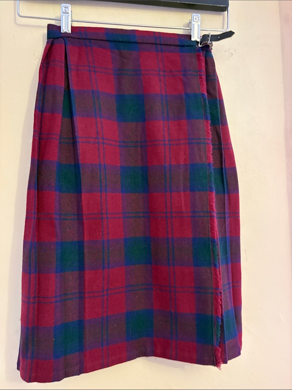 Girls’ Red and Green Plaid Wrap Skirt with Side Buckle